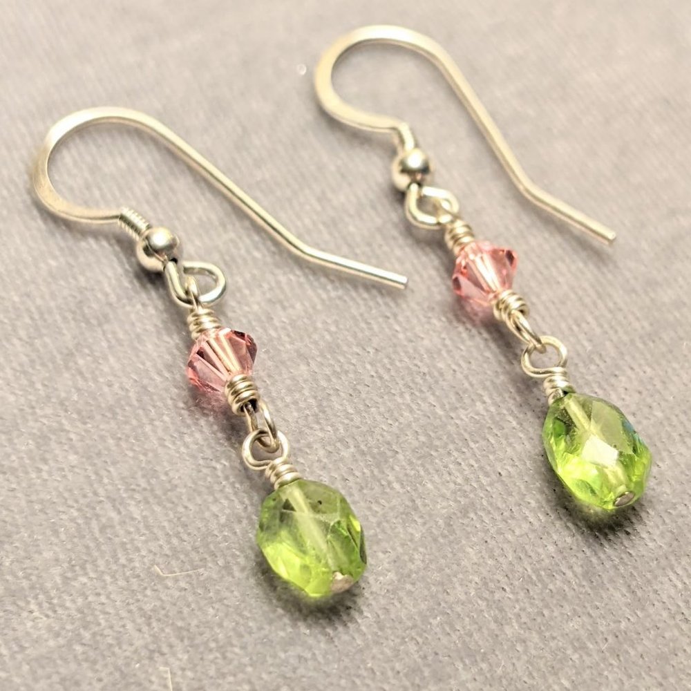 Sterling Silver Drop Earrings w/ Peridot and Light Rose Pink Swarovski Crystals